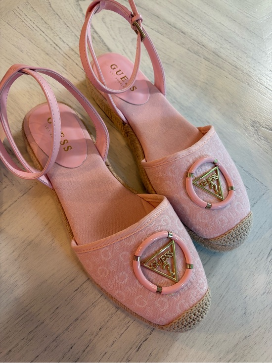 Guess Shoes - GUESS Pink Logo Espadrille Sandals with Ankle Strap and Jute Trim